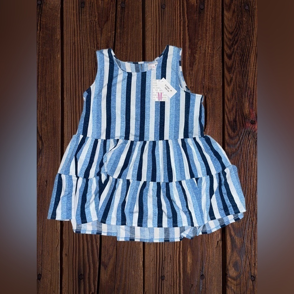 LuLaRoe Women’s Medium Eliana Tiered Tank Top • Blue Vertical Stripes Sleeveless - Picture 6 of 13